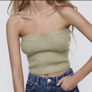 ZARA Sexy Knit Bustier Tube Top green tan alpaca wool Sz Small crop blouse